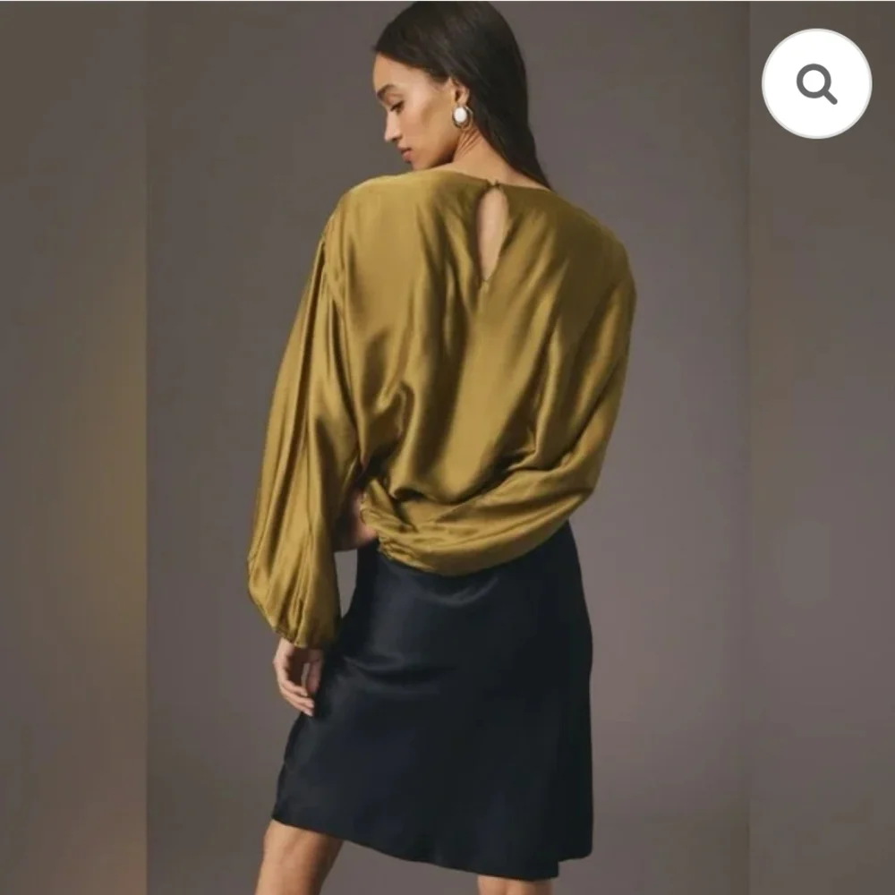 By Anthropologie Olive Green Balloon Sleeve Silky Blouse Top